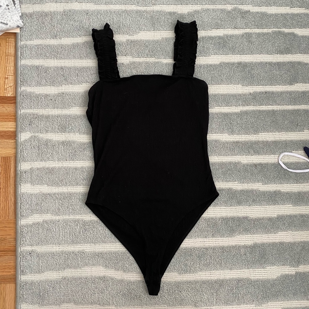Aqua by Bloomingdales Black Body Suit with Ruffle Straps